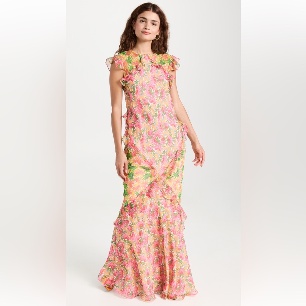 SALONI Pink Floral Ruffled Maxi Dress with Green Accents